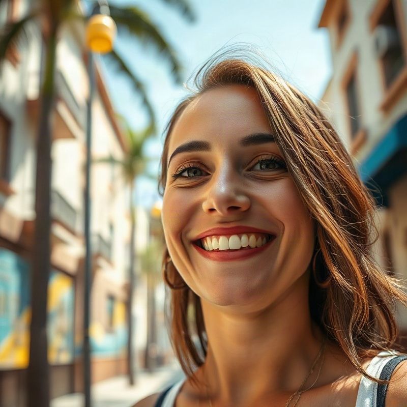 Cliente sorrindo em uma rua ensolarada de Salvador